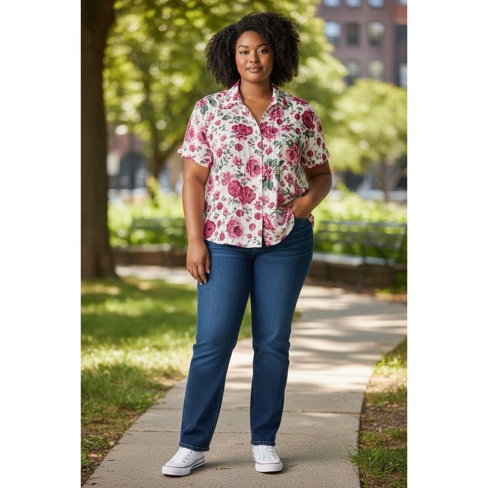 J.T.B. Women’s Plus 1X Floral Blouse Pink Rose Lace Sequins Short Sleeve Henley